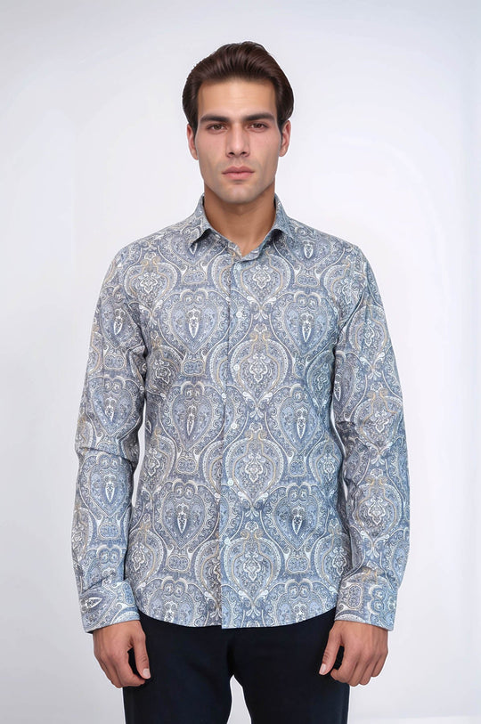 Men's Navy Blue Slim Fit Damask Patterned Shirt | Wessi