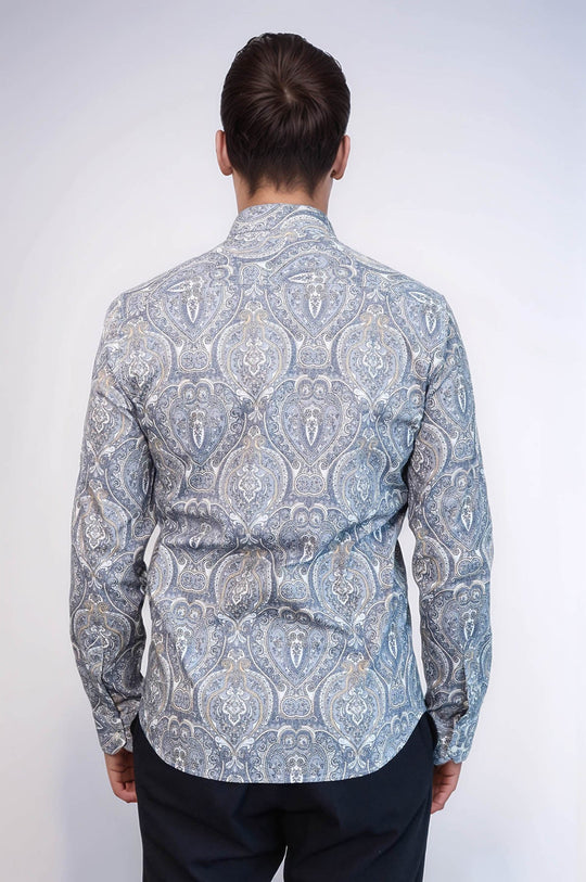 Men's Navy Blue Slim Fit Damask Patterned Shirt | Wessi