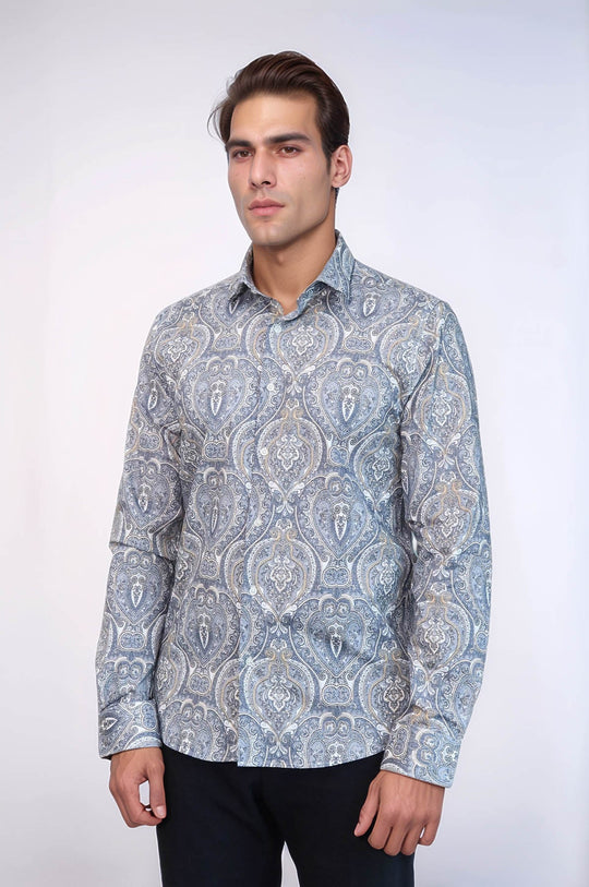 Men's Navy Blue Slim Fit Damask Patterned Shirt | Wessi