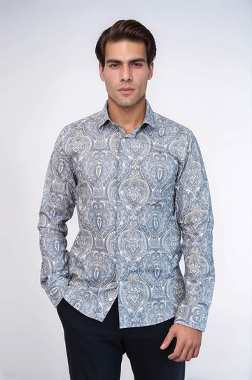 Men's Navy Blue Slim Fit Damask Patterned Shirt | Wessi