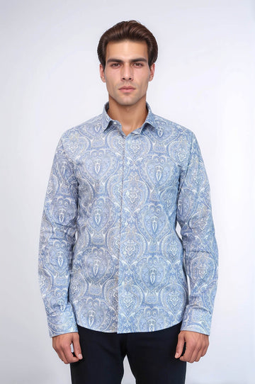 Men's Dark Blue Slim Fit Damask Patterned Shirt | Wessi