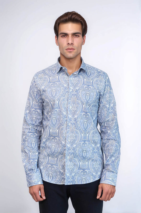 Men's Dark Blue Slim Fit Damask Patterned Shirt | Wessi