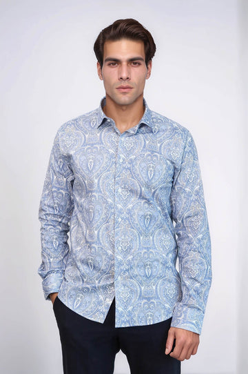 Men's Dark Blue Slim Fit Damask Patterned Shirt | Wessi