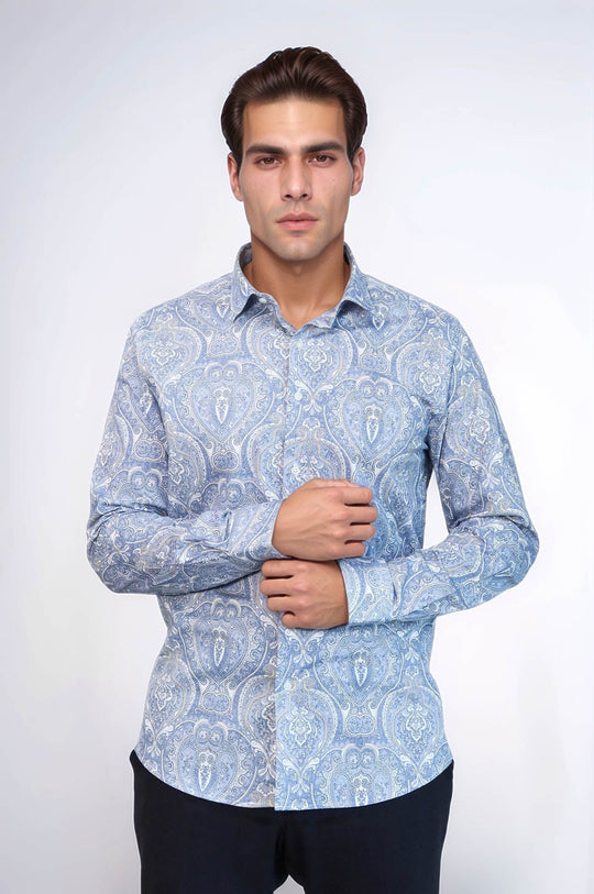 Men's Dark Blue Slim Fit Damask Patterned Shirt | Wessi