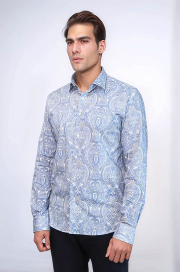 Men's Dark Blue Slim Fit Damask Patterned Shirt | Wessi