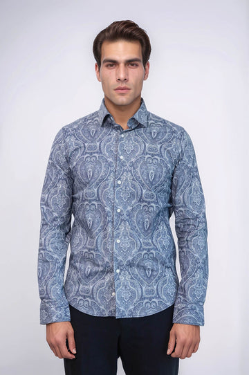 Men's Blue Slim Fit Patterned Cotton Shirt | Wessi