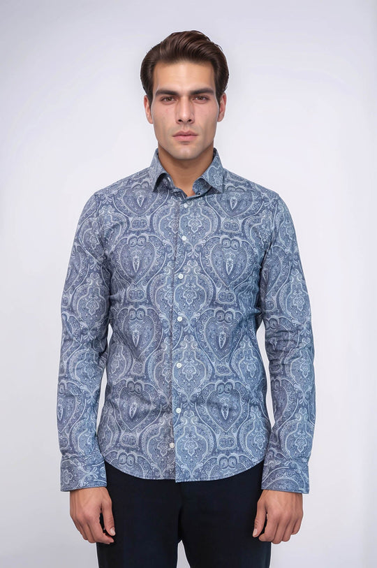 Men's Blue Slim Fit Patterned Cotton Shirt | Wessi