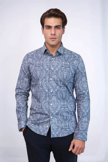 Men's Blue Slim Fit Patterned Cotton Shirt | Wessi