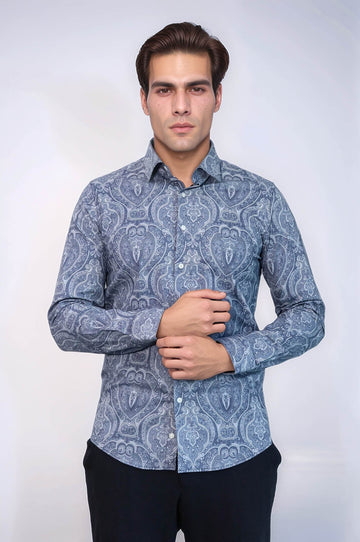 Men's Blue Slim Fit Patterned Cotton Shirt | Wessi