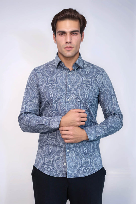 Men's Blue Slim Fit Patterned Cotton Shirt | Wessi