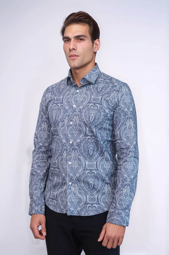 Men's Blue Slim Fit Patterned Cotton Shirt | Wessi
