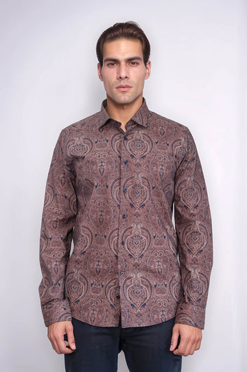 Men's Brown Slim Fit Patterned Cotton Shirt | Wessi