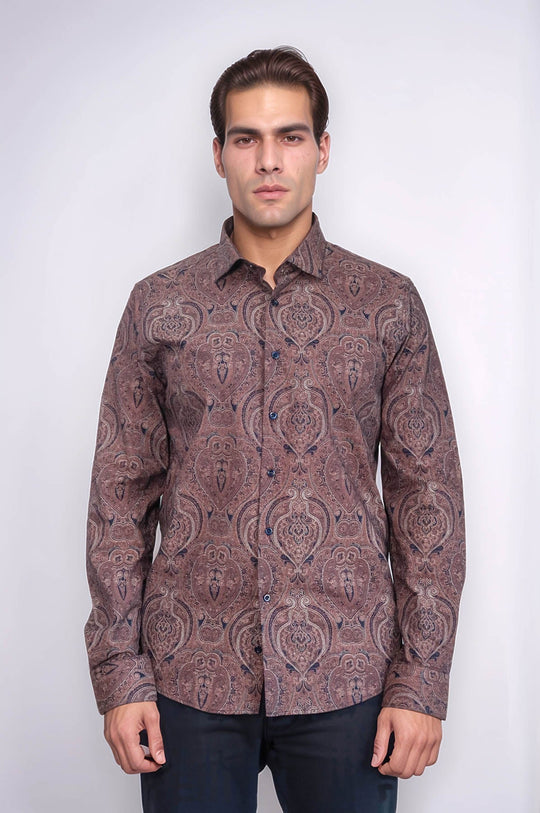 Men's Brown Slim Fit Patterned Cotton Shirt | Wessi