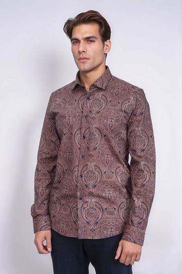 Men's Brown Slim Fit Patterned Cotton Shirt | Wessi