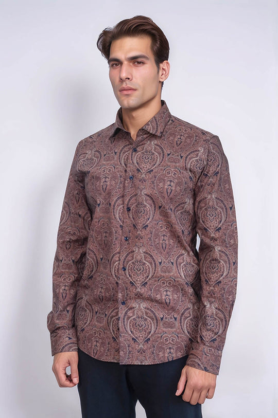 Men's Brown Slim Fit Patterned Cotton Shirt | Wessi