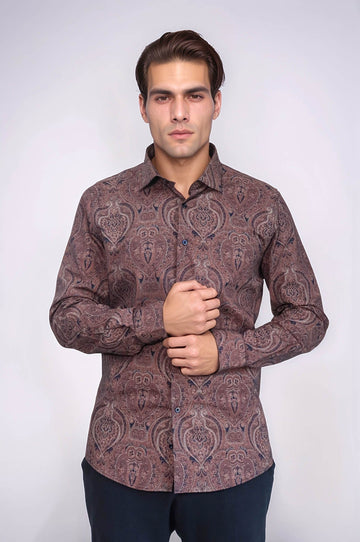 Men's Brown Slim Fit Patterned Cotton Shirt | Wessi
