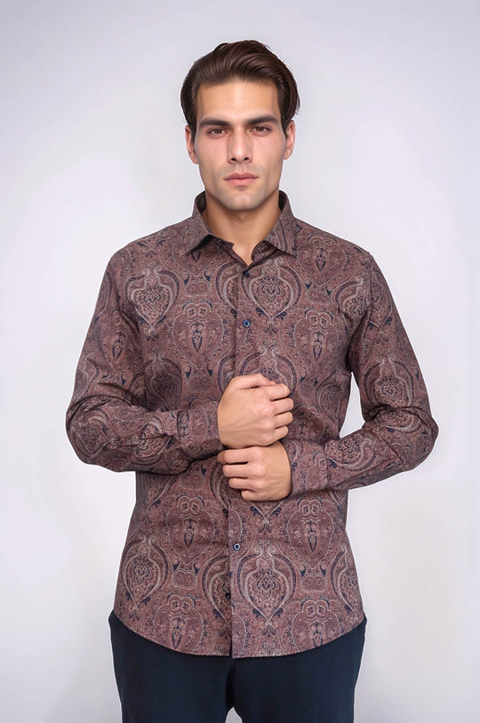 Men's Brown Slim Fit Patterned Cotton Shirt | Wessi