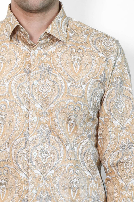 Men's Beige Slim Fit Floral Patterned Cotton Shirt | Wessi