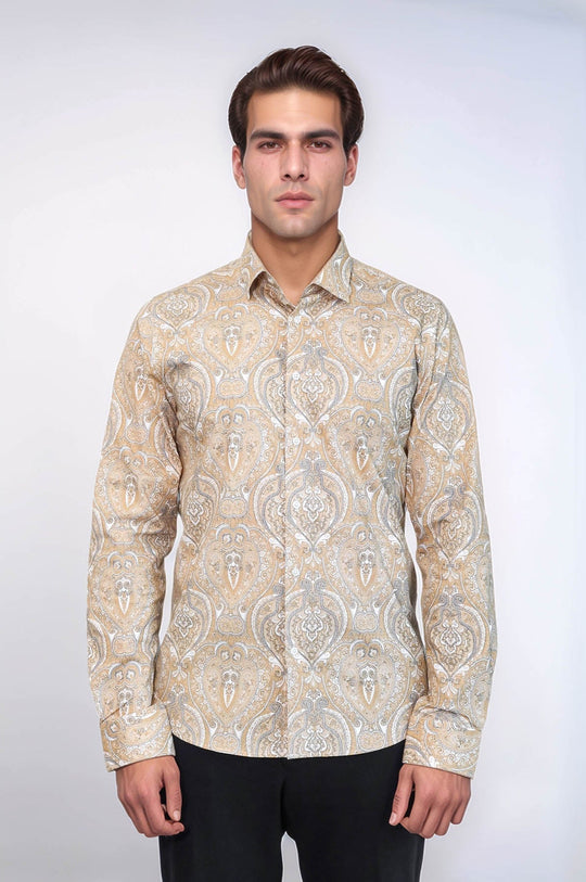 Men's Beige Slim Fit Floral Patterned Cotton Shirt | Wessi