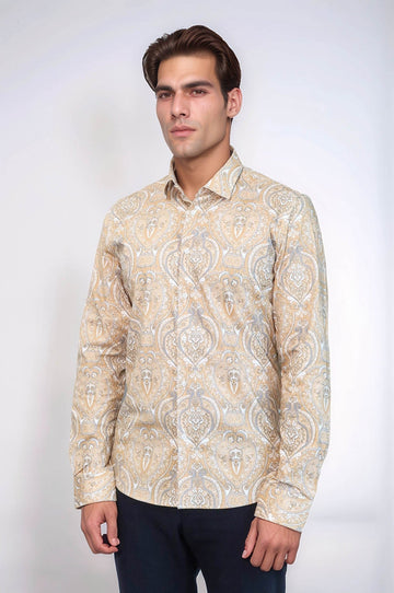 Men's Beige Slim Fit Floral Patterned Cotton Shirt | Wessi