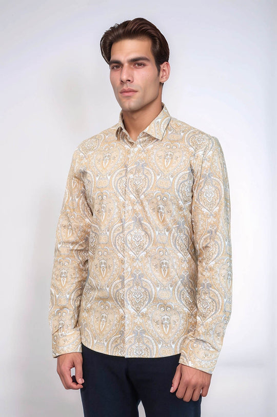 Men's Beige Slim Fit Floral Patterned Cotton Shirt | Wessi