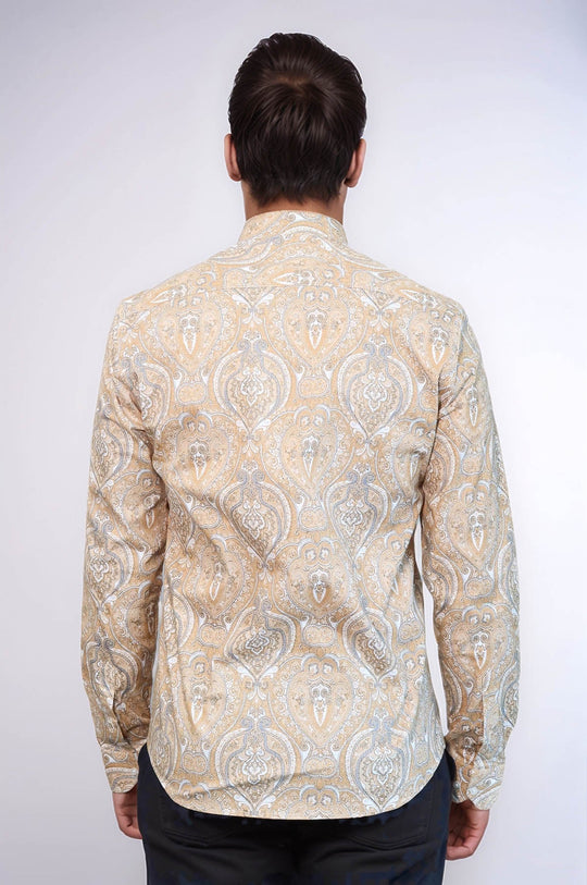 Men's Beige Slim Fit Floral Patterned Cotton Shirt | Wessi