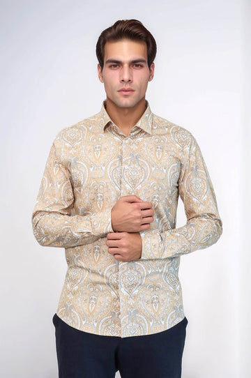 Men's Beige Slim Fit Floral Patterned Cotton Shirt | Wessi