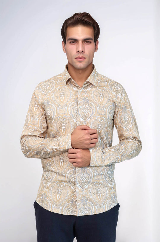 Men's Beige Slim Fit Floral Patterned Cotton Shirt | Wessi