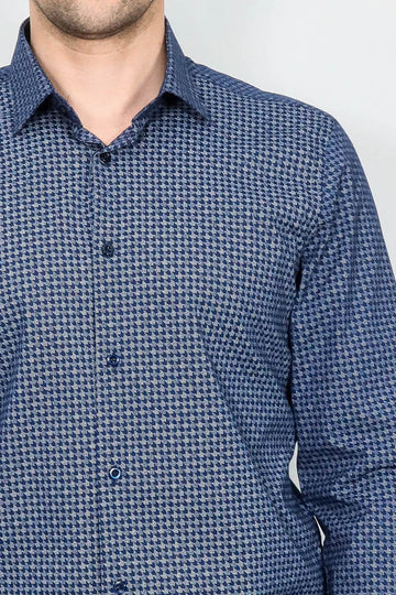 Men's Dark Blue Slim Fit Houndstooth Patterned Cotton Shirt | Wessi