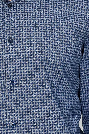 Men's Dark Blue Slim Fit Houndstooth Patterned Cotton Shirt | Wessi
