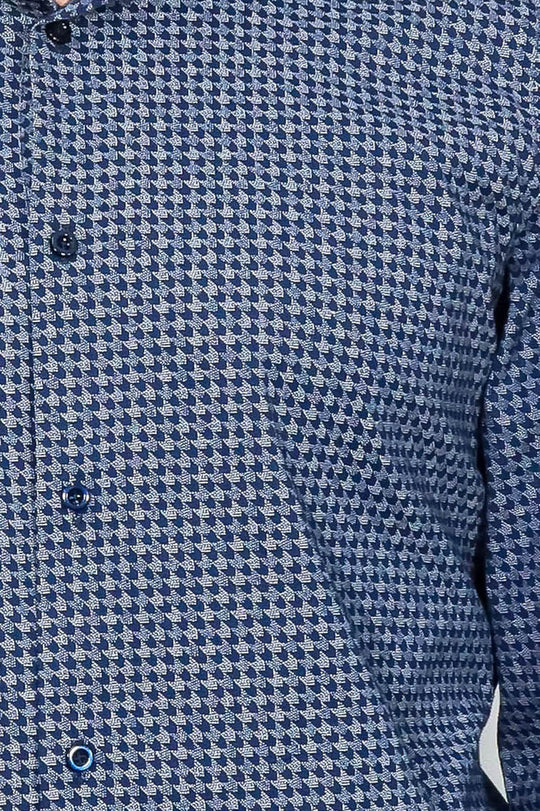 Men's Dark Blue Slim Fit Houndstooth Patterned Cotton Shirt | Wessi