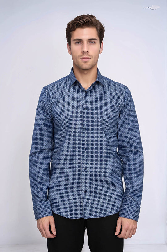 Men's Dark Blue Slim Fit Houndstooth Patterned Cotton Shirt | Wessi