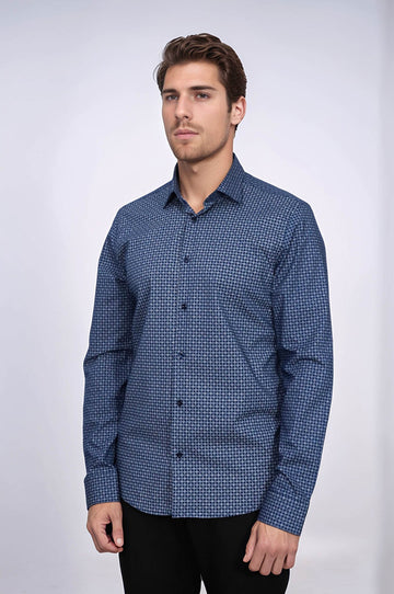 Men's Dark Blue Slim Fit Houndstooth Patterned Cotton Shirt | Wessi