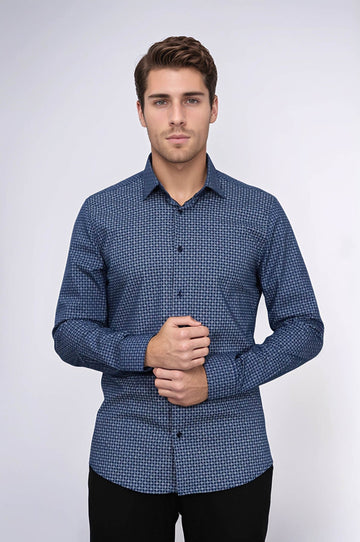 Men's Dark Blue Slim Fit Houndstooth Patterned Cotton Shirt | Wessi