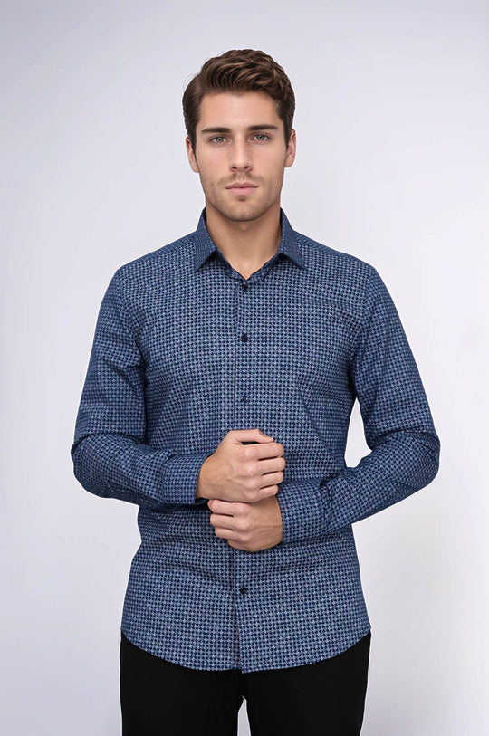 Men's Dark Blue Slim Fit Houndstooth Patterned Cotton Shirt | Wessi