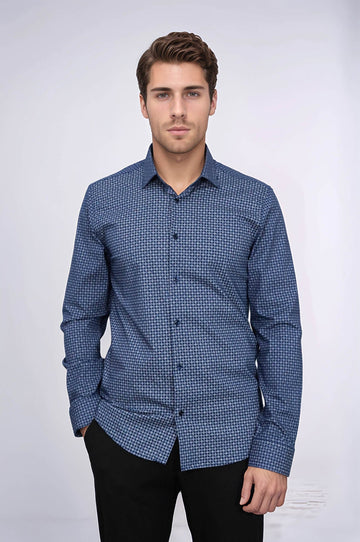 Men's Dark Blue Slim Fit Houndstooth Patterned Cotton Shirt | Wessi