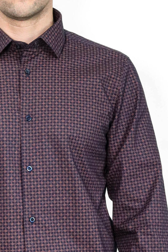 Men's Brown Slim Fit Houndstooth Patterned Cotton Shirt | Wessi