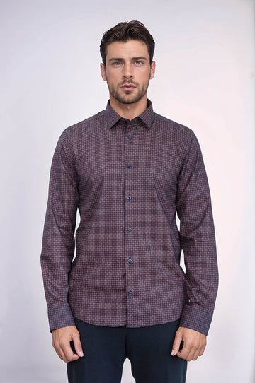 Men's Brown Slim Fit Houndstooth Patterned Cotton Shirt | Wessi