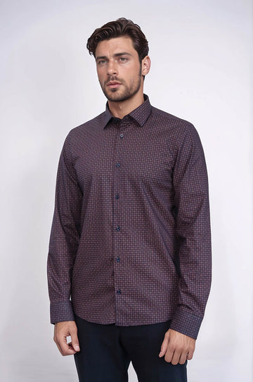 Men's Brown Slim Fit Houndstooth Patterned Cotton Shirt | Wessi