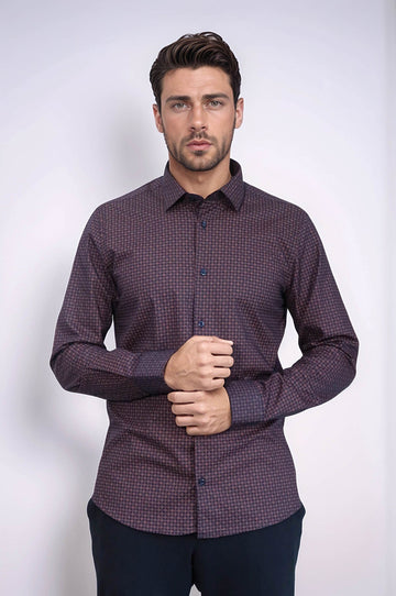 Men's Brown Slim Fit Houndstooth Patterned Cotton Shirt | Wessi