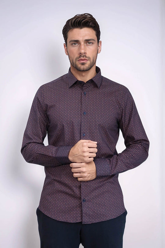 Men's Brown Slim Fit Houndstooth Patterned Cotton Shirt | Wessi