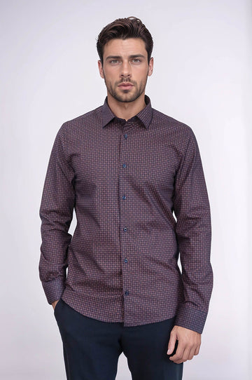 Men's Brown Slim Fit Houndstooth Patterned Cotton Shirt | Wessi