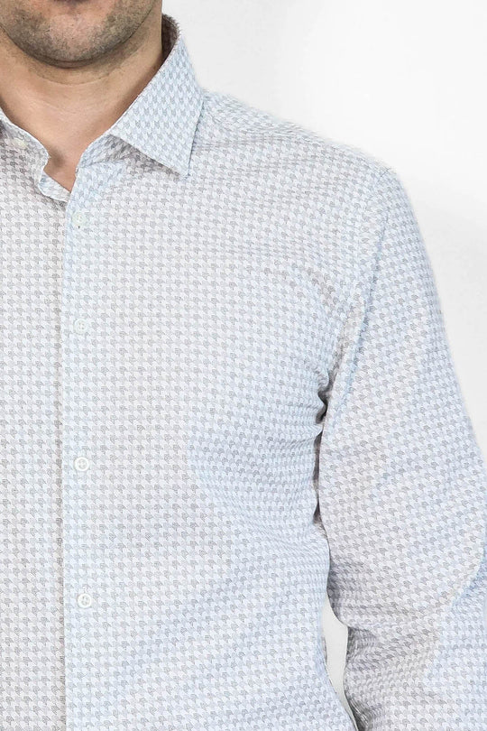 Men's Ecru Houndstooth Slim Fit Long Sleeve Shirt | Wessi