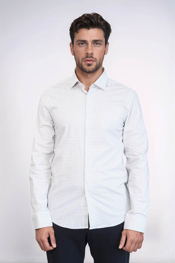 Men's Ecru Houndstooth Slim Fit Long Sleeve Shirt | Wessi