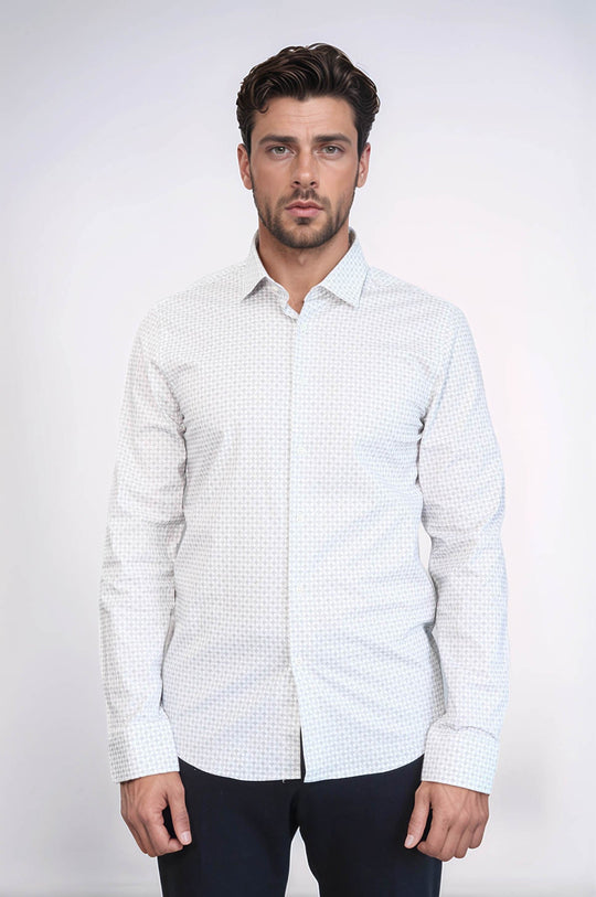 Men's Ecru Houndstooth Slim Fit Long Sleeve Shirt | Wessi