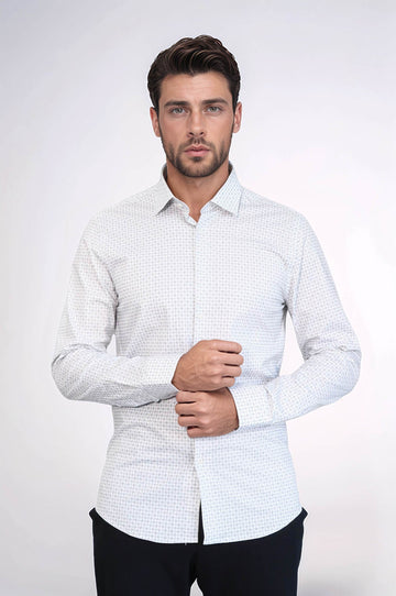 Men's Ecru Houndstooth Slim Fit Long Sleeve Shirt | Wessi