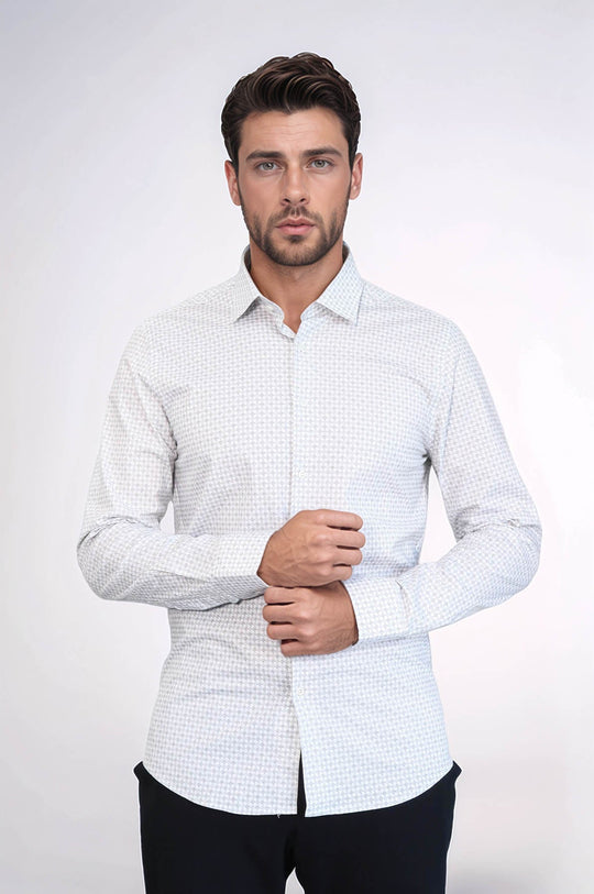 Men's Ecru Houndstooth Slim Fit Long Sleeve Shirt | Wessi