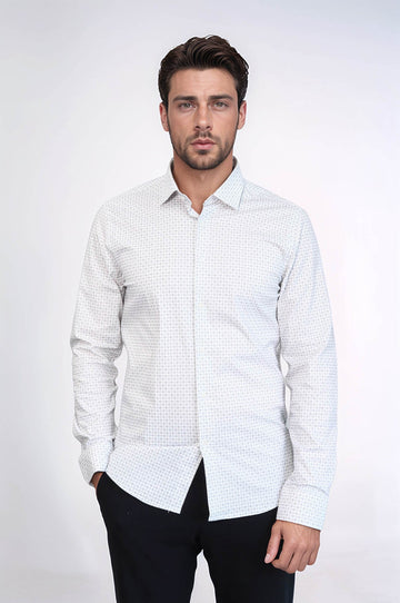 Men's Ecru Houndstooth Slim Fit Long Sleeve Shirt | Wessi