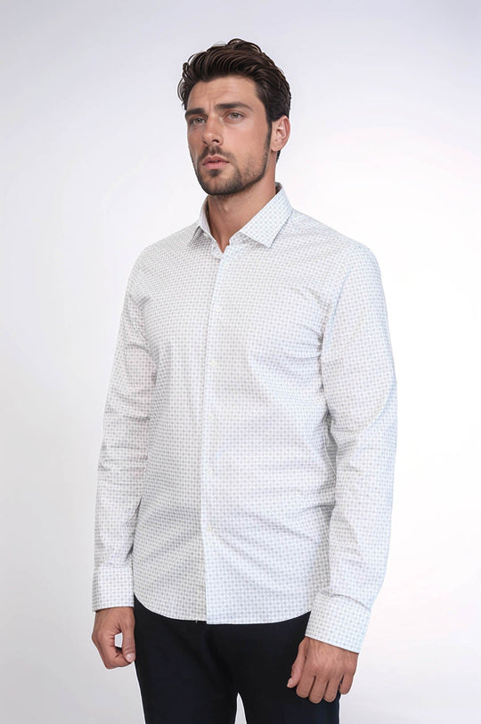 Men's Ecru Houndstooth Slim Fit Long Sleeve Shirt | Wessi