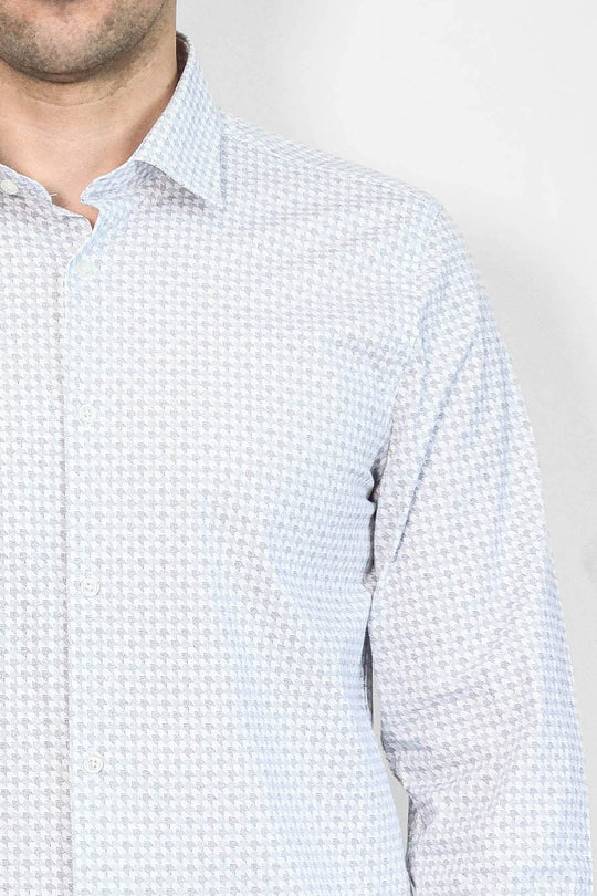 Men's White Houndstooth Slim Fit Long Sleeve Shirt | Wessi